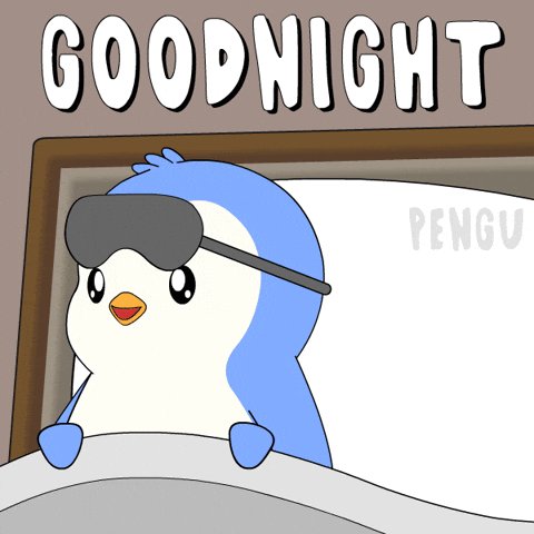 The image features a cartoon penguin sitting on top of an unmade bed with white sheets. The penguin has blue eyes and a blue head, giving it a cute appearance. The text "Good night" is written above the penguin's head in white letters. Below this, there are two lines of text that read "$LYNK up @ GM tomorrow". This suggests that the image might be related to a post or message about going to sleep and waking up the next day.

The overall layout of the image seems to be a cartoon illustration with a humorous twist, as if the penguin is trying to convey some sort of message or joke about sleeping well for the following day.