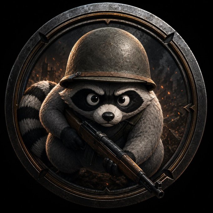 A circular emblem features an intense raccoon wearing a military helmet and gripping a rifle against a war-torn backdrop with embers, visually tying into the $JROYALE "Battle Royale" memecoin theme and airdrop promotion.