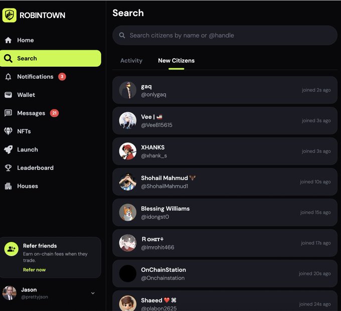 A screenshot of the Robintown app's Search page displaying a list of 'New Citizens' who recently joined, including users like gaq, Vee, XHANKS, and Shohail Mahmud, with a sidebar menu showing Home, Search, Notifications, Wallet, and other options.