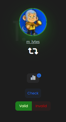 The image displays a verification screen from what appears to be a crypto giveaway platform, showing a cartoon avatar with the username "m_lytes" above a partially visible numerical code, along with "Valid" and "Invalid" buttons and a "Check" button below.

This appears to be a scam giveaway verification page designed to falsely confirm that user "m_lytes" has won a $1000 BTC giveaway, likely used to lure victims into the fraudulent scheme mentioned in the post.