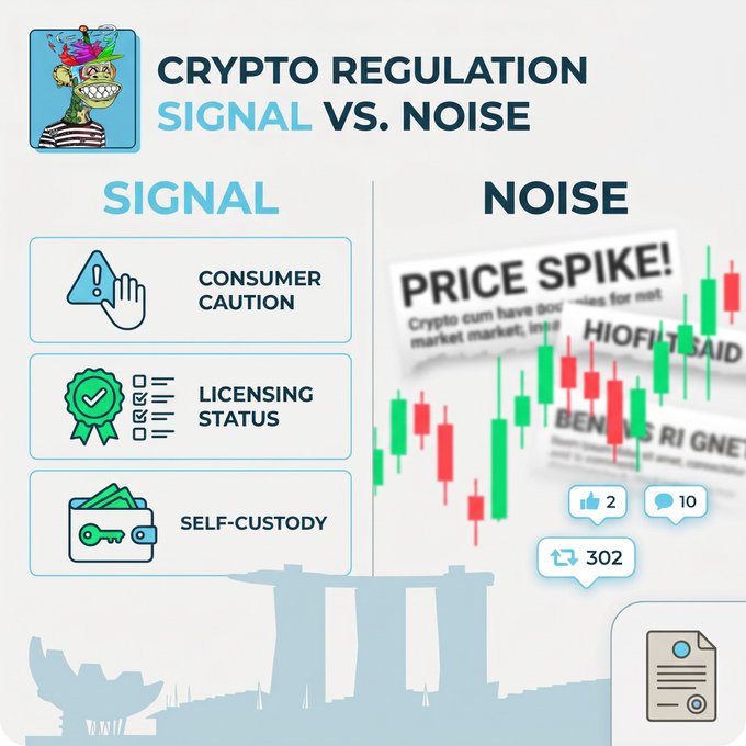 An infographic titled "Crypto Regulation: Signal vs. Noise" contrasts meaningful regulatory indicators (signal: Consumer Caution, Licensing Status, Self-Custody) against market distractions (noise: price spike headlines, social engagement metrics showing 2 likes, 10 comments, 302 reposts), illustrating the post's point about distinguishing MAS's HyperliquidX Investor Alert List—a factual consumer caution signal—from the panicked market narrative surrounding it.