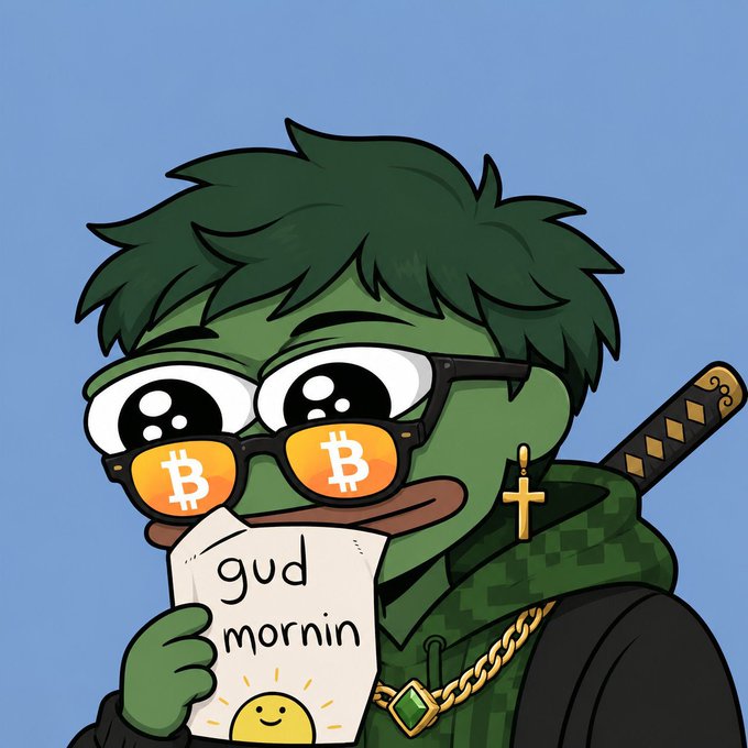 A cartoon illustration of a green-skinned Pepe-style character wearing sunglasses with Bitcoin logos, a cross earring, a gold chain, and a sword on his back, holding a paper that says 'gud mornin' with a smiley face.
