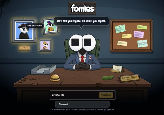 A cartoon-style screenshot from the Fomies NFT project showing a mysterious "Crypto_He" figure sitting at a desk labeled "INTAKE OFFICER," offering to approve a whitelist spot with the dialogue "We'll call you Crypto_He unless you object." The image illustrates the gamified whitelist application process mentioned in the post, where users visit fomies.family, answer basic questions, and submit their SOL and EVM addresses.