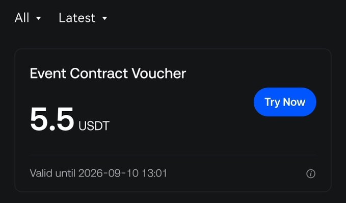 A digital voucher offering an 'Event Contract Voucher' for 5.5 USDT, valid until 2026-09-10, with a 'Try Now' button.