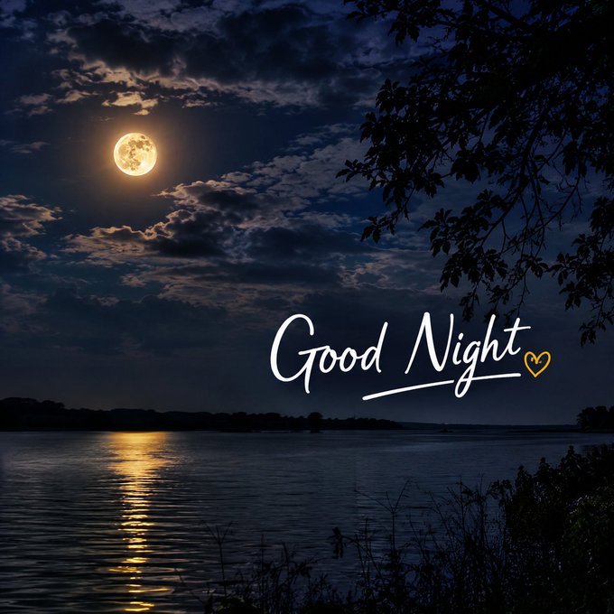 A nighttime landscape features a full moon reflecting over a calm body of water, with tree branches framing the right side and the text 'Good Night' accompanied by a heart symbol.