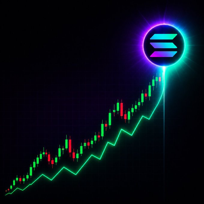 A vibrant cryptocurrency chart shows a steep upward trend of green and red candlesticks, climbing toward a glowing Solana (SOL) logo radiating neon cyan and purple light at the peak. The visual mirrors the post's claim by depicting Solana on a strong parabolic breakout, suggesting a major price surge is imminent.