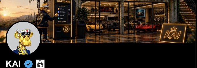 An avatar of a golden monkey wearing sunglasses and a crown is superimposed over a luxury garage scene featuring high-end sports cars and a "CRYPTO ATM." The image relates to the post's question by visually representing the extreme wealth and status associated with the "KAI" brand.