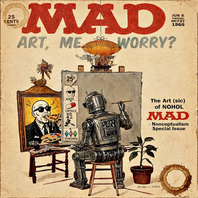 Cover of MAD magazine issue dated 'Jun 3 through Oct 27 1968' with the headline 'ART, ME WORRY?' featuring an illustration by Alfred E. Nohol of a robot painting a portrait of a bald man eating pizza.