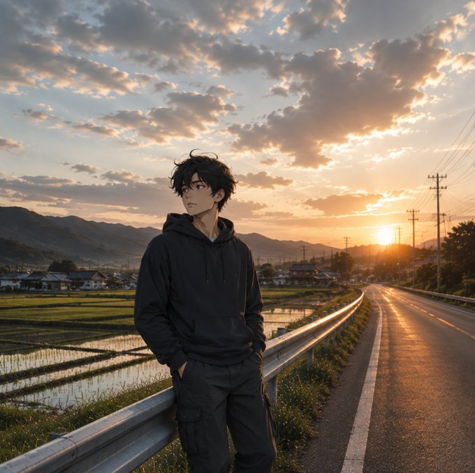 An anime-style illustration of a young man in a black hoodie leaning against a guardrail on a country road at sunset, with rice paddies and mountains in the background.