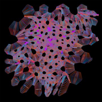 A colorful, psychedelic 3D rendering of a porous, organic-looking structure with holes, rendered in pink, blue, and green against a black background.