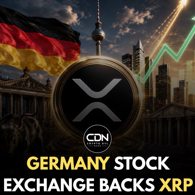 A promotional graphic features the German flag, a German bull statue, the Berlin TV Tower, and an upward trending stock chart, alongside a large XRP logo. The headline reads "GERMANY STOCK EXCHANGE BACKS XRP," reinforcing the post's claim about the German stock exchange's support for XRP.
