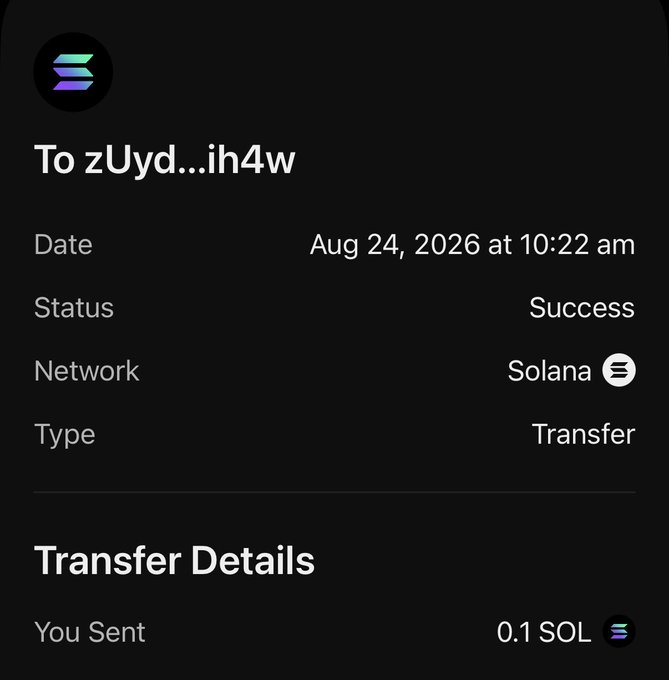 A Solana transaction confirmation showing a successful transfer of 0.1 SOL sent to address "zUyd...ih4w" on August 24, 2026 at 10:22 am, which serves as proof of the small airdrop mentioned in the post.