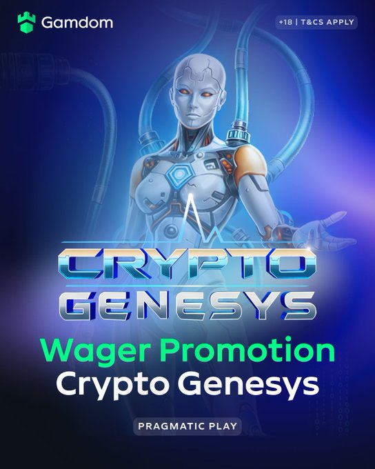 A promotional graphic for 'Crypto Genesys' slot game by Pragmatic Play on Gamdom casino platform, featuring a futuristic cyborg/android figure with glowing blue accents against a blue background.