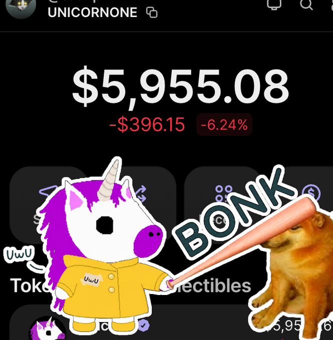 The image shows a screenshot of the UNICORNONE (UwU) crypto wallet displaying a balance of $5,955.08, down $396.15 (-6.24%), with a cartoon unicorn sticker and "BONK" text overlay alongside a doge meme image. This visually represents the post's comparison of the UwU airdrop experience to $BONK vibes, highlighting both the current token value and the playful meme culture surrounding the token.