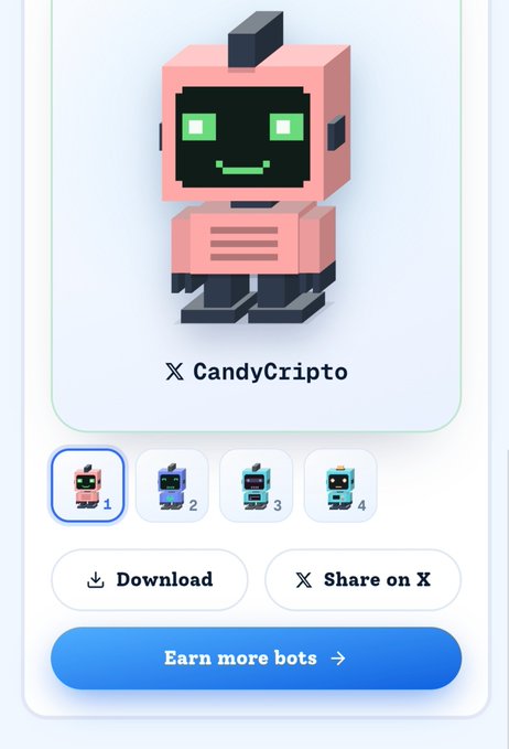 A pink voxel-style robot character named "CandyCrypto" with green pixel eyes is displayed in a 3D model viewer interface, featuring four numbered variants, Download and Share on X buttons, and an "Earn more bots" prompt. The image appears to showcase a collectible bot NFT from the Conso.xyz platform on the Sui network, aligning with the post's promotion of their free mint project.
