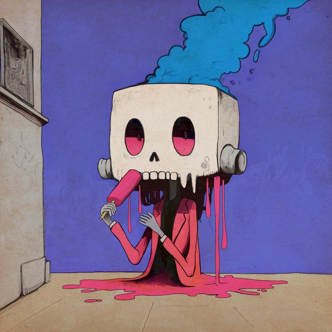 A stylized illustration of a skeleton-like character with a skull head, pink drool dripping from its mouth, smoking a cigarette against a blue background.