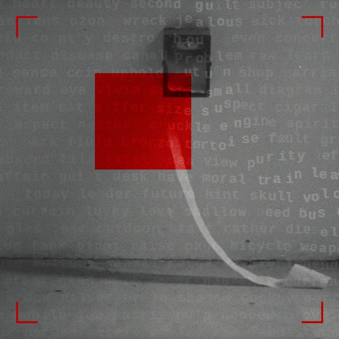 An abstract or distorted image featuring a red square and a tag-like shape on a gray background overlaid with scattered text including words like 'desire', 'wreck', 'jealous', 'size', 'moral', and 'purity'.