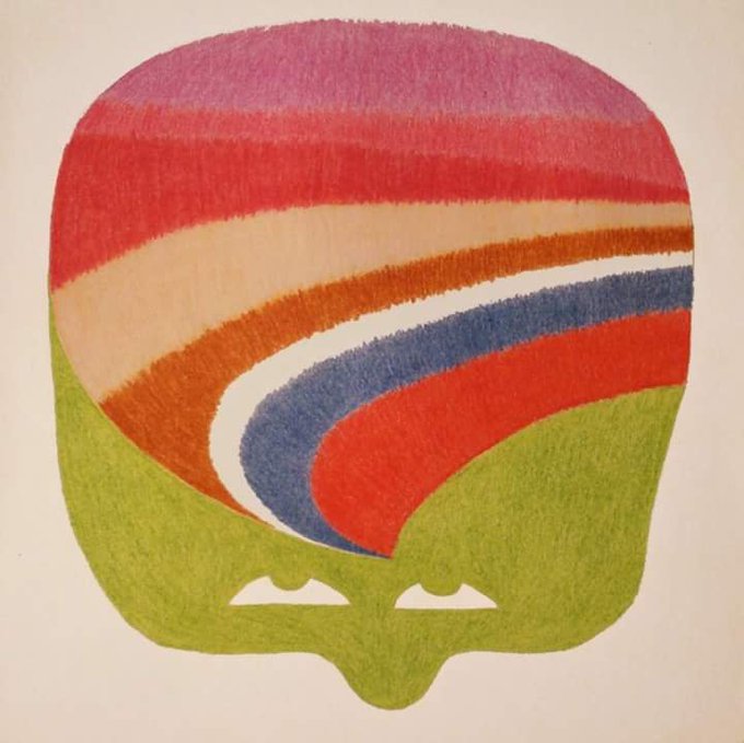 A colorful abstract illustration featuring a rounded shape with horizontal wavy stripes in pink, orange, white, and blue, set against a green base with stylized eye-like cutouts.