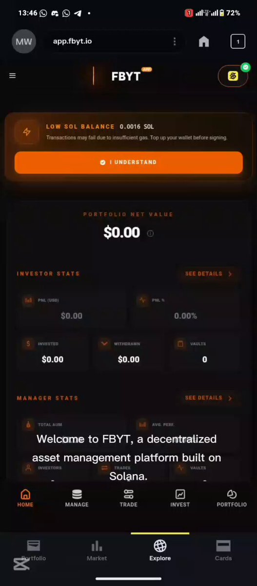 The image shows an app interface for FBYT, a cryptocurrency trading app that helps users manage their investments and make profits from trading. The interface has two main sections, one showing the user's current balance and the other displaying investment statistics. In the bottom right corner of the screen, there is also text related to investing in Solana. This post seems to be about discussing and promoting the benefits of using the FBYT app or its features like low oil prices and potential returns for investors.