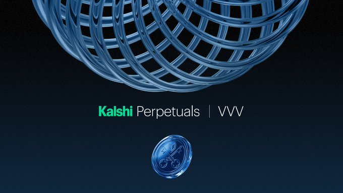 Kalshi Perpetuals | VVV promotional image featuring a 3D blue spherical lattice structure above a small blue coin on a dark background.