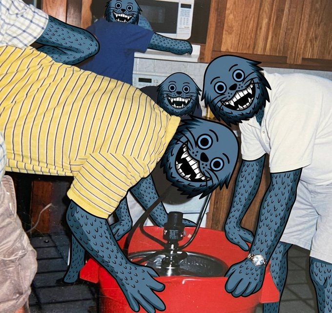 A humorous edited photo showing four people leaning over a red sink with their bodies and arms covered in cartoon blue hair and fur, featuring grinning cartoon faces with bulging eyes.