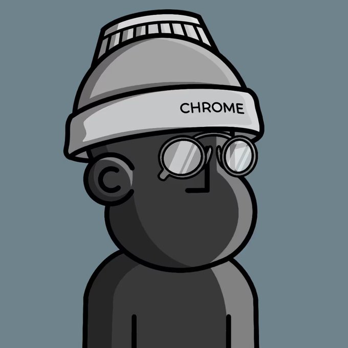 A cartoon illustration of a black character wearing a grey and white beanie labeled 'CHROME' and round glasses, set against a blue background.