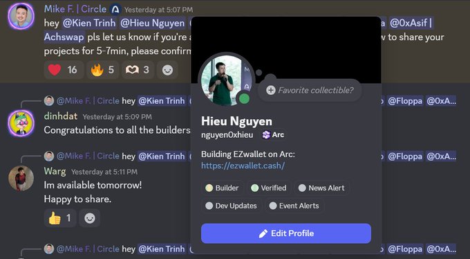 Discord chat screenshot showing a conversation about Achswap, with a profile card overlay for 'Hieu Nguyen' building EZwallet on Arc.