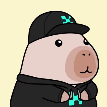 A cartoon illustration of a cute pig wearing a black hoodie with teal accents and a matching baseball cap on a pale yellow background.
