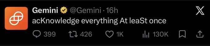 A screenshot of a post by Gemini (@Gemini) reading "ackNowledge everything At leaSt once," featuring an orange clover logo and engagement metrics of 399 comments, 426 retweets, 1K likes, and 130K views. The image relates to the accompanying post as part of a broader critique about crypto influencers using coded messages to support $KAS (Kaspa) without clearly educating their audiences on the technology.
