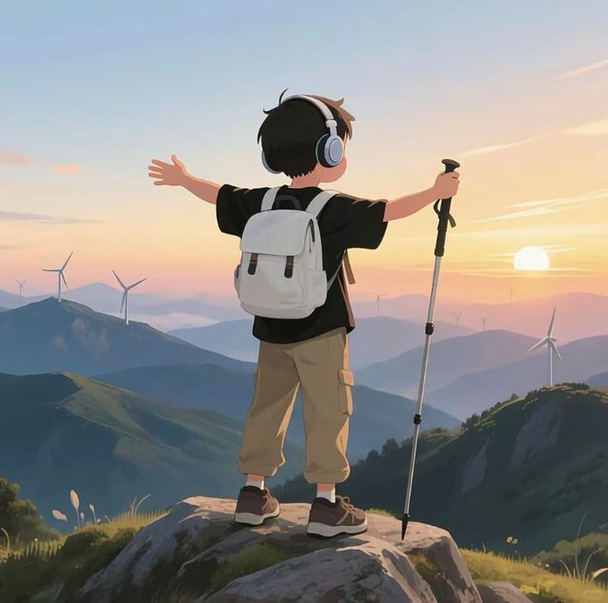 The image features a boy standing on top of a rock, wearing headphones and holding a walking stick. He has his arms outstretched as if he's embracing the day or perhaps preparing for an adventure. The background shows mountains with wind turbines, suggesting that this scene takes place in a mountainous region where renewable energy is being harnessed. The image also contains text that reads "Good morning CT @wcthub A future where quantum computing matters won't be won by the company with the biggest machine. It will be won by the network that can connect unused compute with real demand." This message seems to be related to the boy's situation, as he is standing on a rock overlooking the mountains and wind turbines, possibly symbolizing the transition from traditional energy sources to more sustainable alternatives in the future.