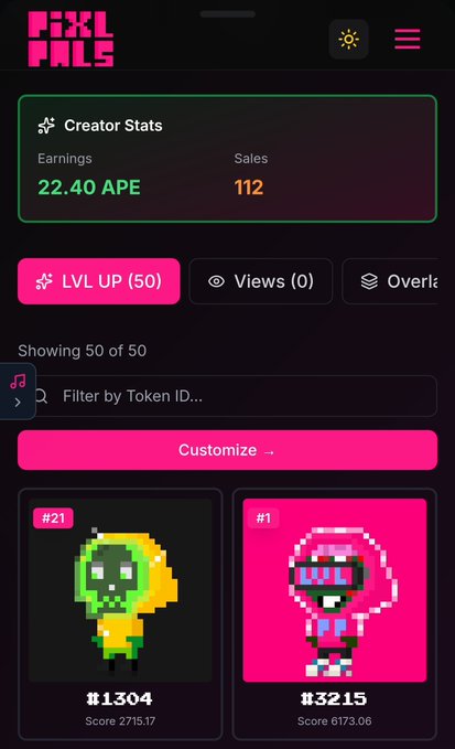 A screenshot of the Pixl Pals mobile app showing Creator Stats with 22.40 APE earnings, 112 sales, and NFT characters including #1304 and #3215.