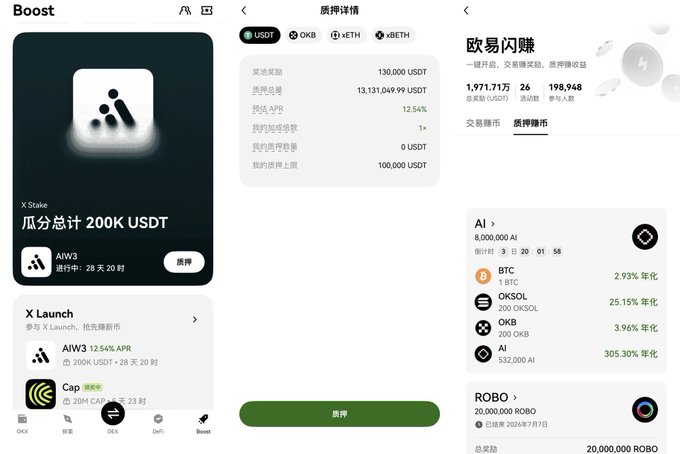Screenshots from the OKX app show the 'Boost' section for 'X-Stake' with a total of 200K USDT, a '质押详情' (Staking Details) page, and a '质押详情' page for various crypto assets.