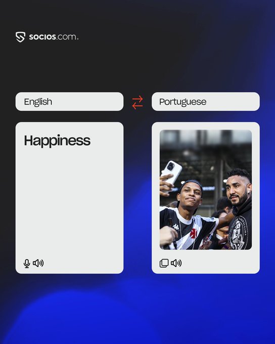 A screenshot of the socios.com translation app showing the English word 'Happiness' with a Portuguese translation accompanied by a photo of two soccer fans taking a selfie.