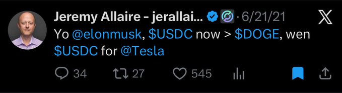 A screenshot of a tweet from Jeremy Allaire (@jerallai...) dated 6/21/21, addressed to Elon Musk, reads: "Yo @elonmusk, $USDC now > $DOGE, wen $USDC for @Tesla," highlighting Allaire's argument that the stablecoin USDC has surpassed Dogecoin in value. The accompanying post uses this tweet as evidence that the Arc blockchain's founder prioritizes stablecoins over meme coins like DOGE.