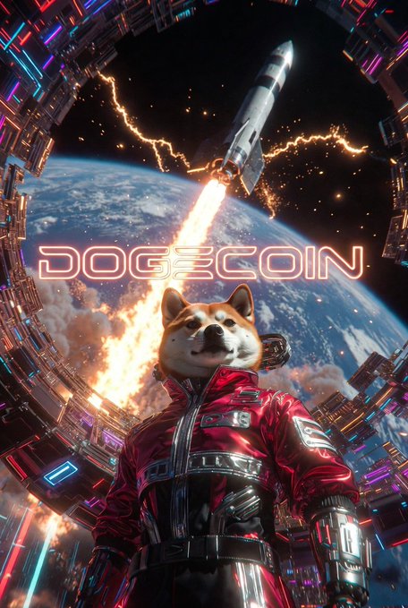 The image features a dog wearing a red jacket, standing next to a rocket ship that has a "DOGE" logo on its side. The background of the image shows a planet with neon lights, creating an otherworldly atmosphere. The caption below the image reads " Soon... $DOGE".