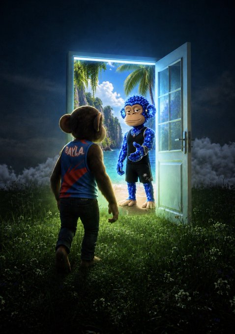 A digital artwork showing a monkey character in a "BAYLA" jersey approaching a door that opens to a tropical beach where a blue ape character stands waiting.