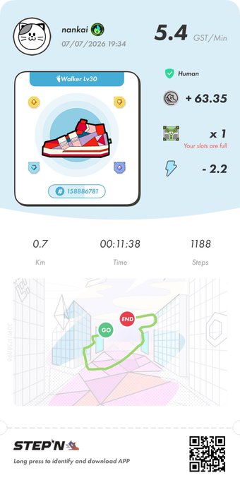 STEPN app screenshot showing user 'nankai' walking 0.7 km in 00:11:38 with 1188 steps on 07/07/2026 at 19:34, earning 5.4 GST/Min (+63.35 GST) using a red and white Walker Lv30 sneaker.