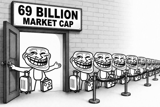A line of Trollface meme characters with luggage queue outside a doorway labeled "69 BILLION MARKET CAP," symbolizing the projected exponential growth of the $Troll token from its current $46M market cap. The image illustrates the post's theme that investors who miss this opportunity will later lament not getting in early as the token becomes a "biggest runner" in the cycle.