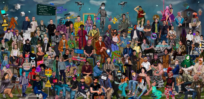 A large, diverse collage containing dozens of illustrated characters, animals, and figures, characteristic of a community group portrait often shared at the end of projects.