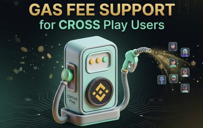The image features a 3D rendering of a gas pump with a green body and gold accents. The text above the gas pump reads "Gas Fee Support for CROSS Play users", indicating that this support is specifically designed for Cross Play users who are new to the platform, as well as those who have recently joined the game. The image also includes several other people in various positions, suggesting a social or gaming context where players interact with each other and the gas pump.