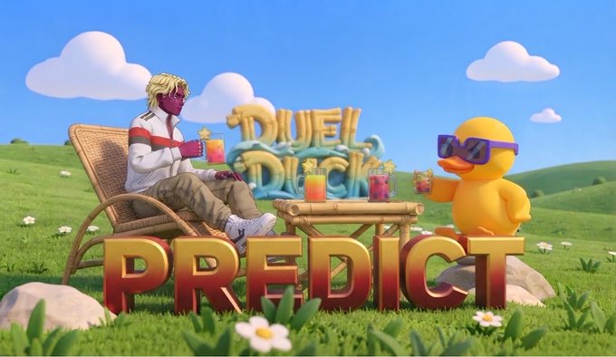 A 3D-rendered promotional image features a blonde person and a rubber duck wearing sunglasses sitting on a grassy field with drinks, with the text 'DUEL DUCKS' and 'PREDICT' displayed prominently.