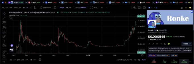 A cryptocurrency trading chart on GeckoTerminal showing Ronke (WRON) paired with USDT on Ronin, displaying a recent sharp price increase to $0.000545.