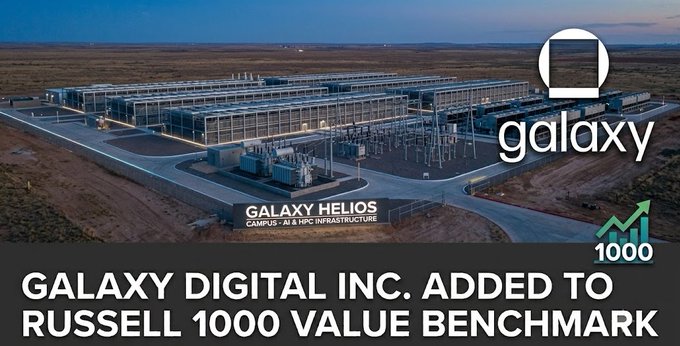 An aerial view of the Galaxy Helios Campus AI & HPC Infrastructure with the Galaxy logo, announcing 'GALAXY DIGITAL INC. ADDED TO RUSSELL 1000 VALUE BENCHMARK' featuring a Russell 1000 badge.