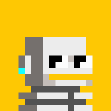 A minimalist pixel-art character composed of gray, white, black, and yellow blocks stands against a bright yellow background.