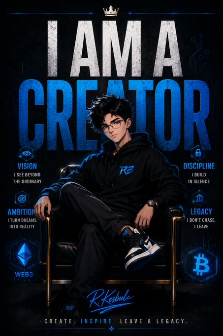 A digital poster reading 'I AM A CREATOR' features an anime-style young man sitting in a chair, surrounded by traits like 'VISION', 'AMBITION', 'DISCIPLINE', and 'LEGACY', along with Web3 and Bitcoin icons.