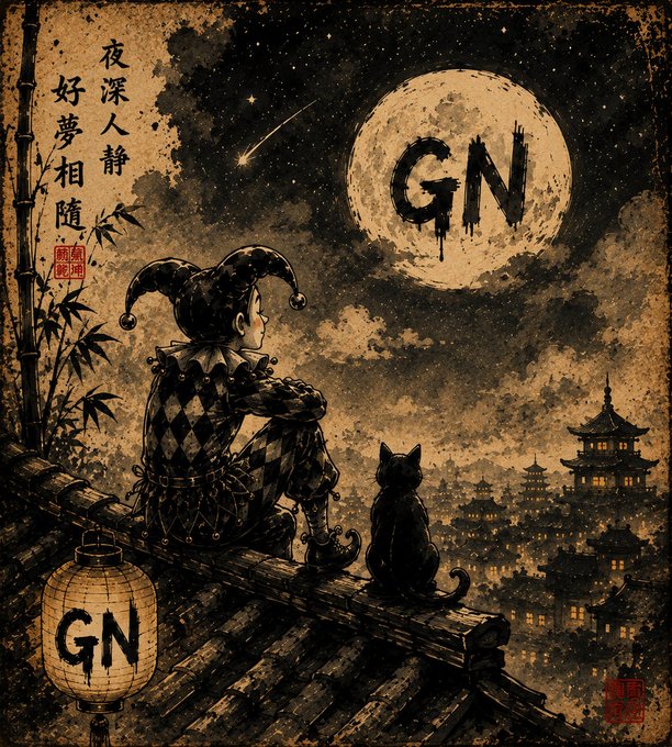 A stylized sepia-toned illustration of a jester and a black cat sitting on a rooftop looking at a large moon that has 'GN' written on it, with a matching 'GN' lantern and Chinese characters on the left.