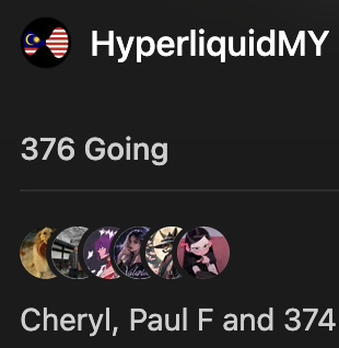 The image shows a Meetup event page for "HyperliquidMY" with 376 people going, attended by Cheryl, Paul F, and 374 others. It illustrates the post's excitement about surpassing 350+ attendees for the Hyperliquid community gathering, a fintech-focused social event.