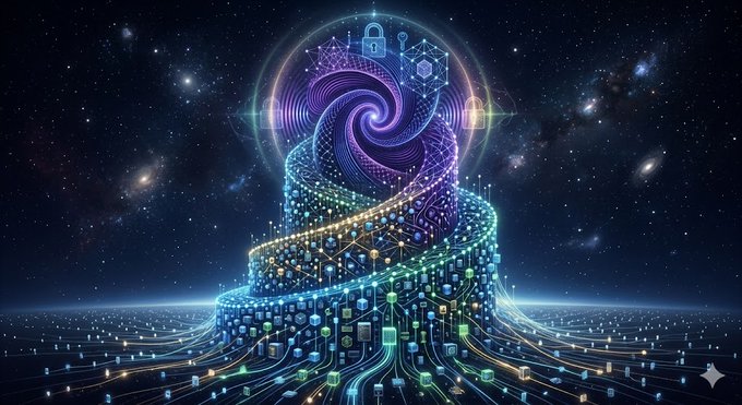 The image features a large spiral-shaped structure with many lights, possibly representing a city or a complex network of interconnected systems. The structure appears to be floating in space, surrounded by stars and other celestial elements. The caption below the image reads "最近我发现，现在很多项目最大的共同点", which suggests that this spiral-shaped structure is a significant discovery or innovation in the field of science, technology, engineering, or mathematics. The image also includes a star and a planet, adding to its futuristic and otherworldly appearance.