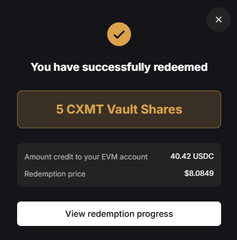 A confirmation pop-up displays a successful redemption of 5 CXMT Vault Shares, crediting 40.42 USDC to the user's EVM account at a redemption price of $8.0849, which illustrates the $40 payout the user received after locking sSOSO in the CXMT RWA Research Hub.