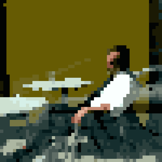 A heavily pixelated, low-resolution 50x50px digital art piece depicts a figure wearing a white "clean shirt" against a murky olive and dark blue background. The abstract, blocky composition emphasizes the minimalist aesthetic of the artist's restricted pixel canvas, fitting the series theme.